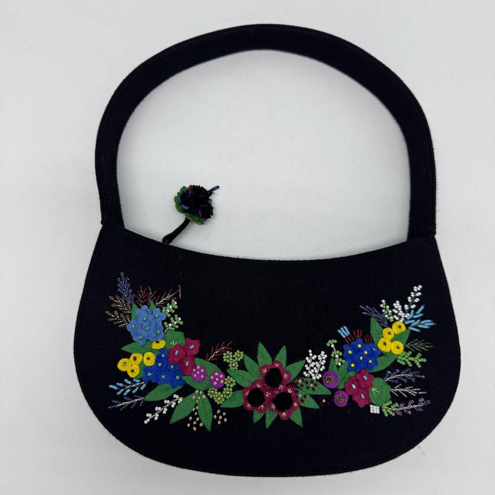 Lulu Guinness Purse Bag y2k Black Wool Felt Floral Embroidered Vintage 1990s